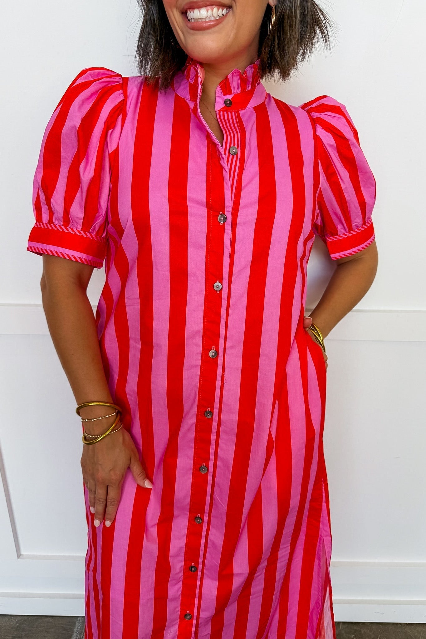 Stripe Me Pretty Midi Dress in Pink & Red OMFORT