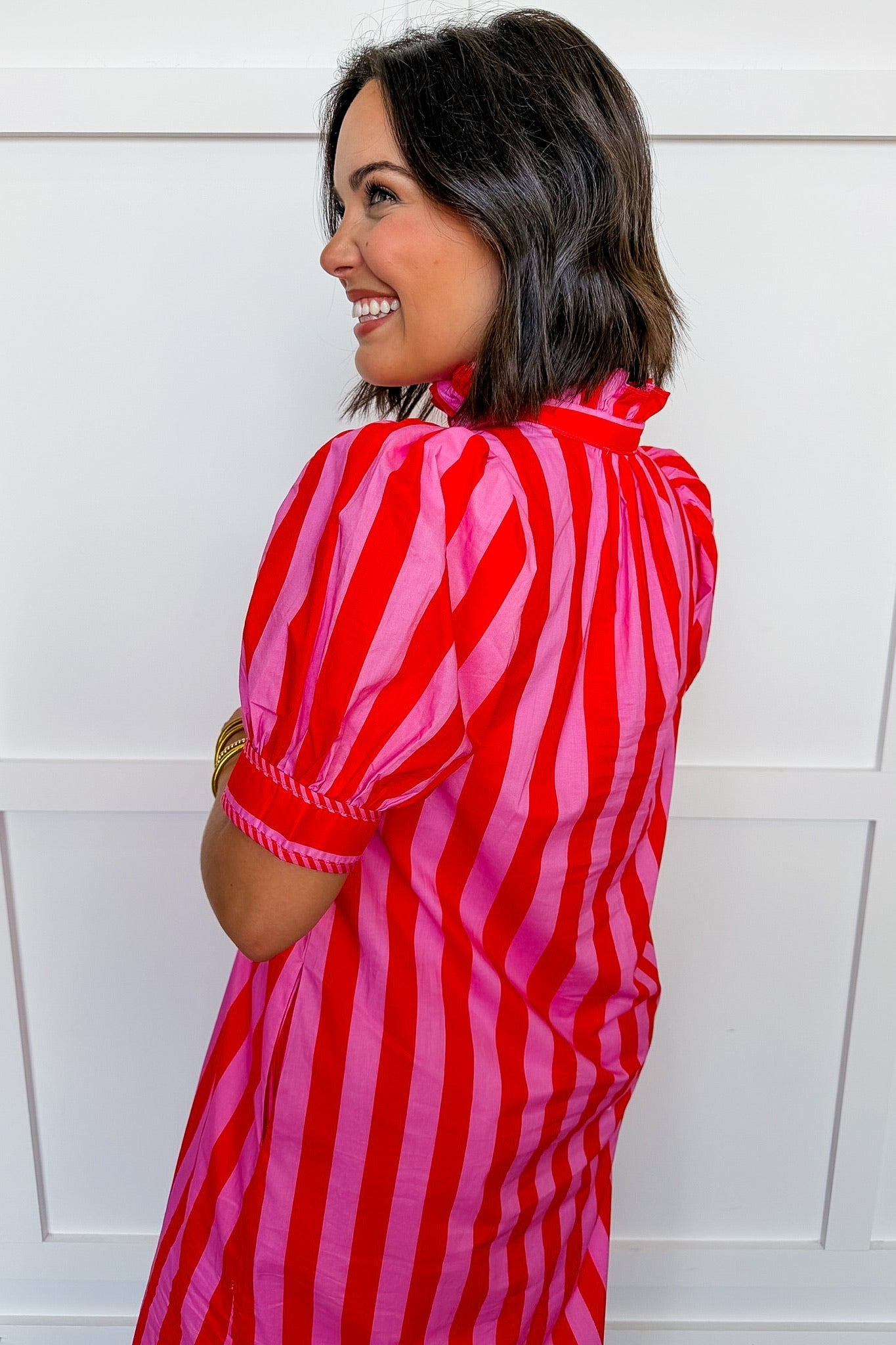 Stripe Me Pretty Midi Dress in Pink & Red OMFORT