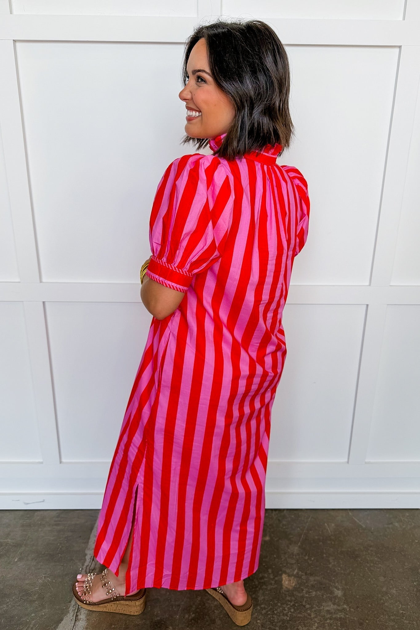 Stripe Me Pretty Midi Dress in Pink & Red OMFORT