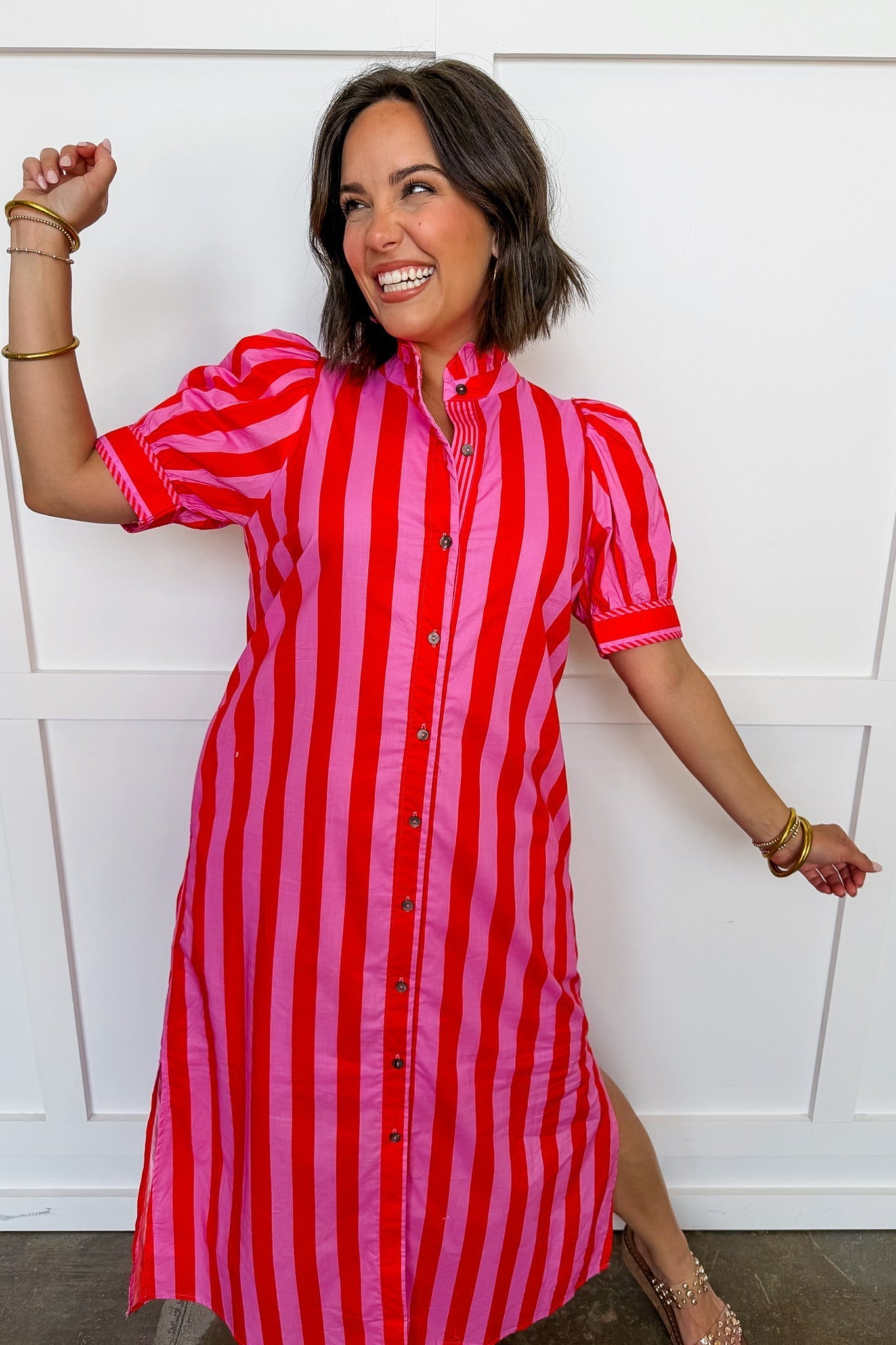 Stripe Me Pretty Midi Dress in Pink & Red OMFORT