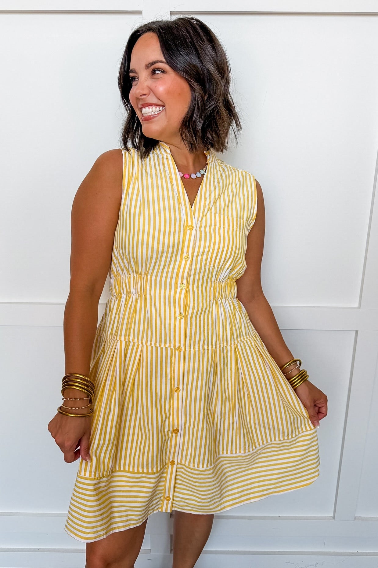 Better Days Pin Stripe Dress in Lemon OMFORT