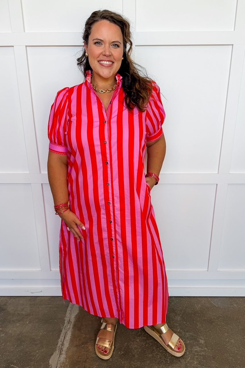 Stripe Me Pretty Midi Dress in Pink & Red OMFORT