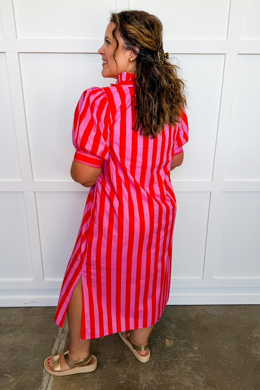 Stripe Me Pretty Midi Dress in Pink & Red OMFORT