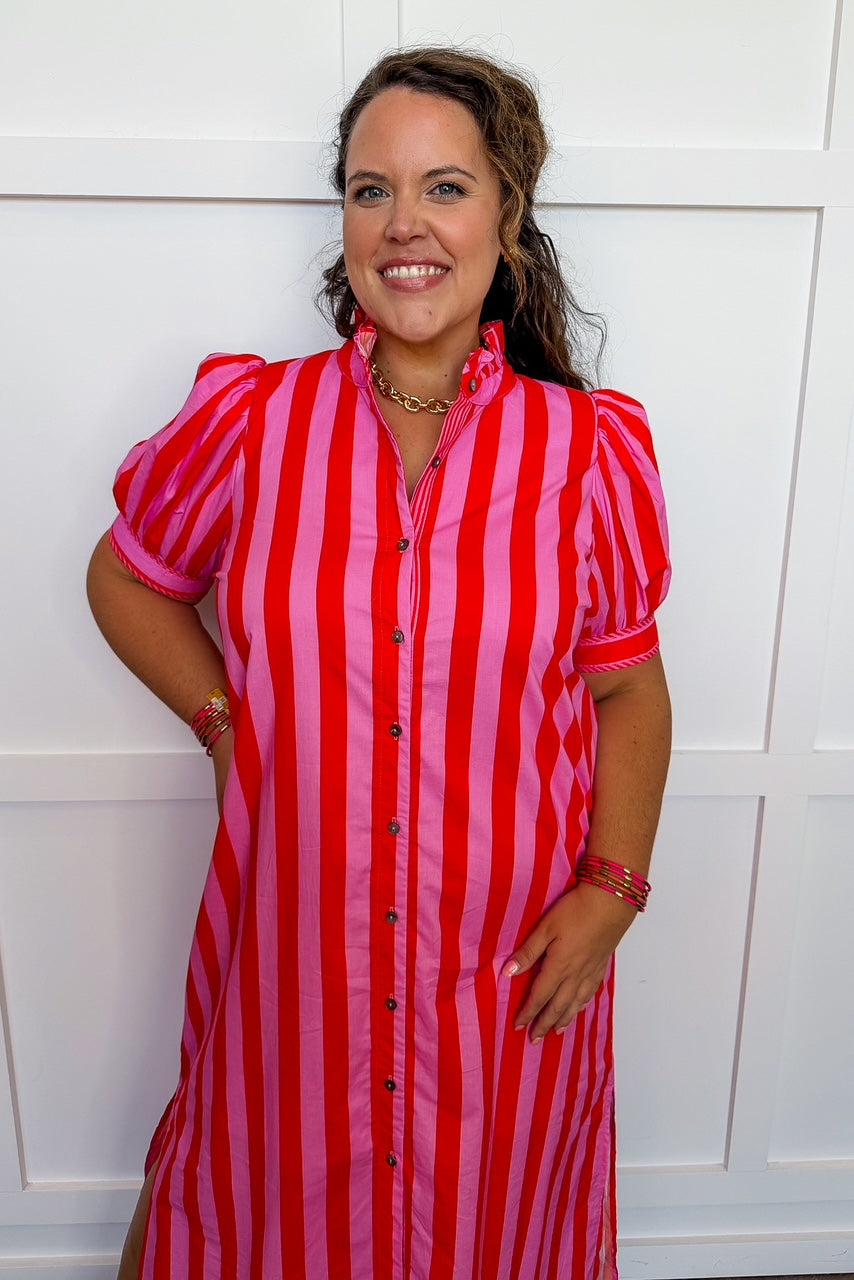 Stripe Me Pretty Midi Dress in Pink & Red OMFORT