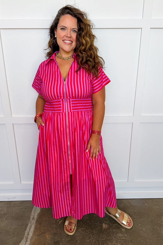 Best Selling Krissy Zip-up Maxi Stripe Dress in Hot Pink Red Stripes OMFORT