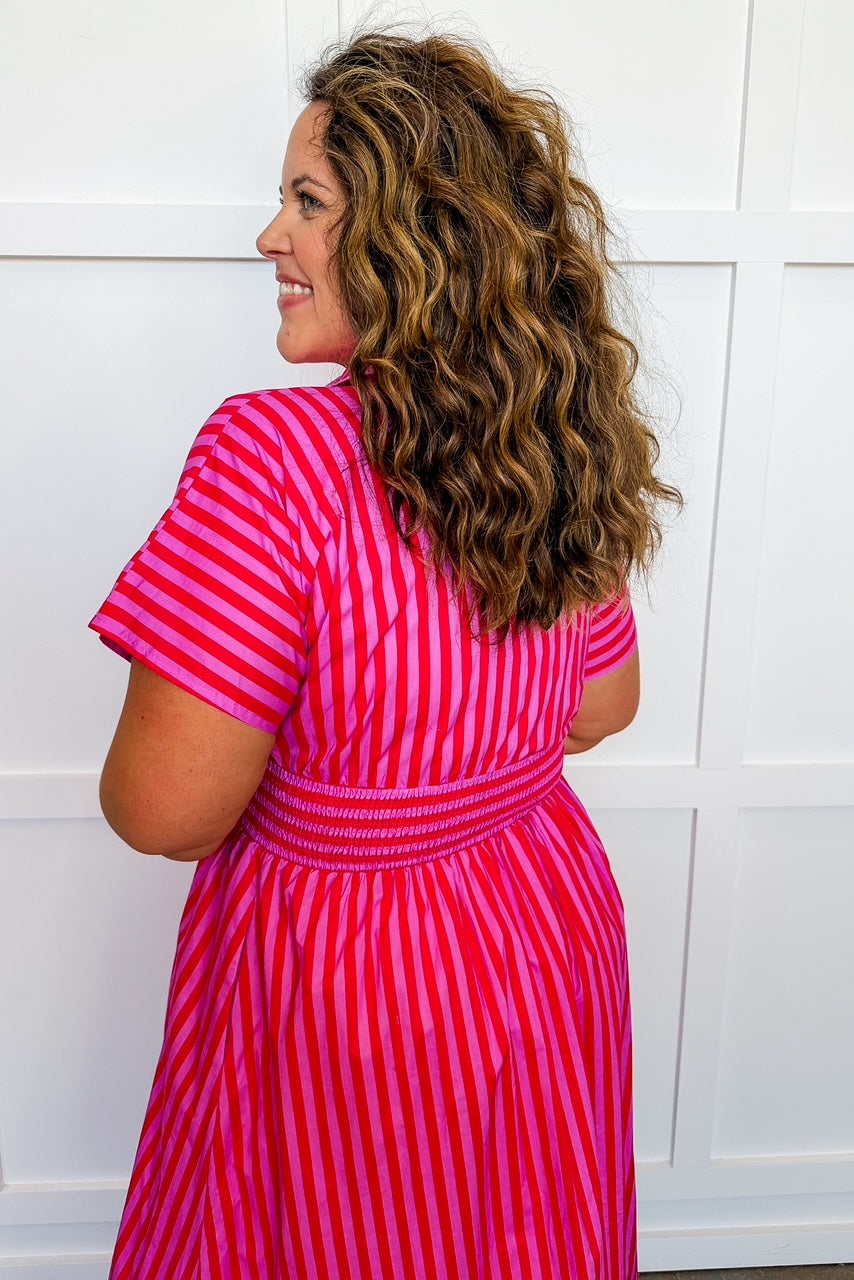 Best Selling Krissy Zip-up Maxi Stripe Dress in Hot Pink Red Stripes OMFORT