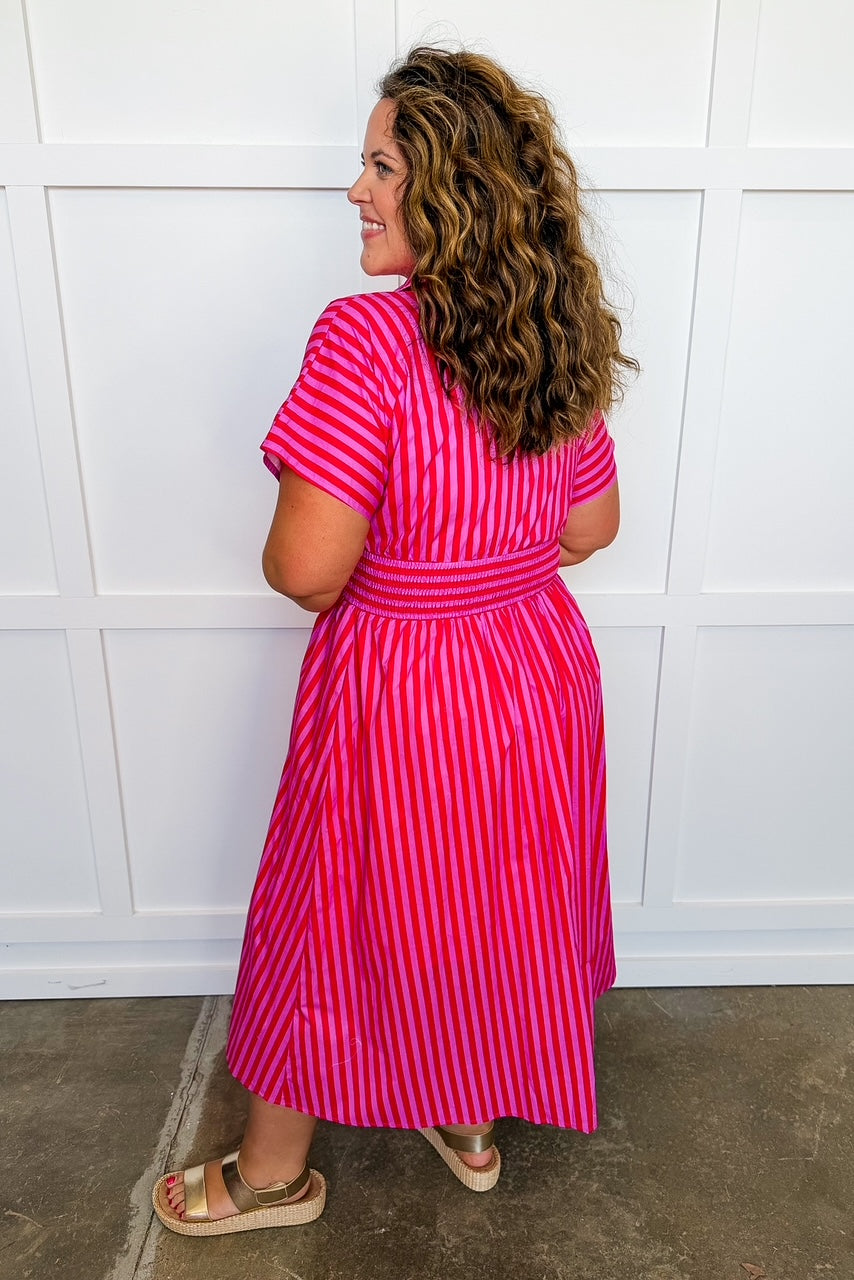 Best Selling Krissy Zip-up Maxi Stripe Dress in Hot Pink Red Stripes OMFORT
