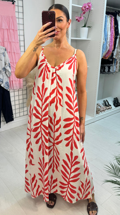 Emmeline Leaf Print Loose Fit Strappy Dress OMFORT