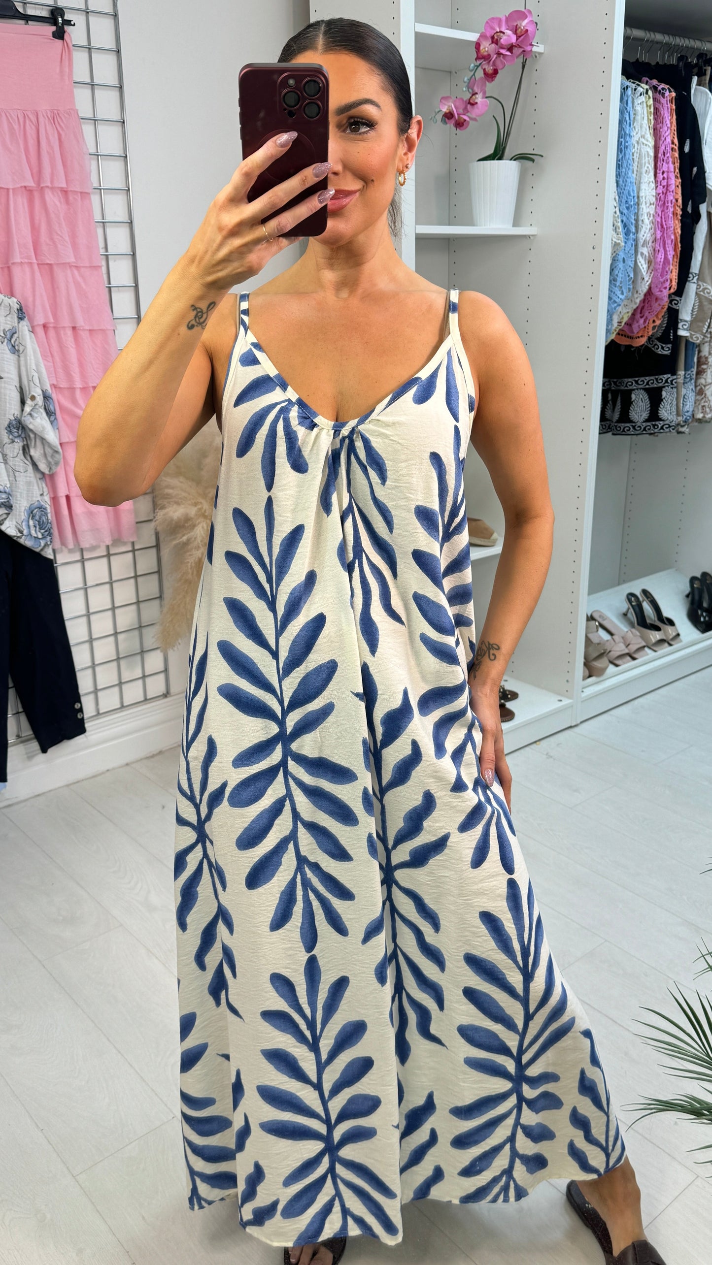 Emmeline Leaf Print Loose Fit Strappy Dress OMFORT