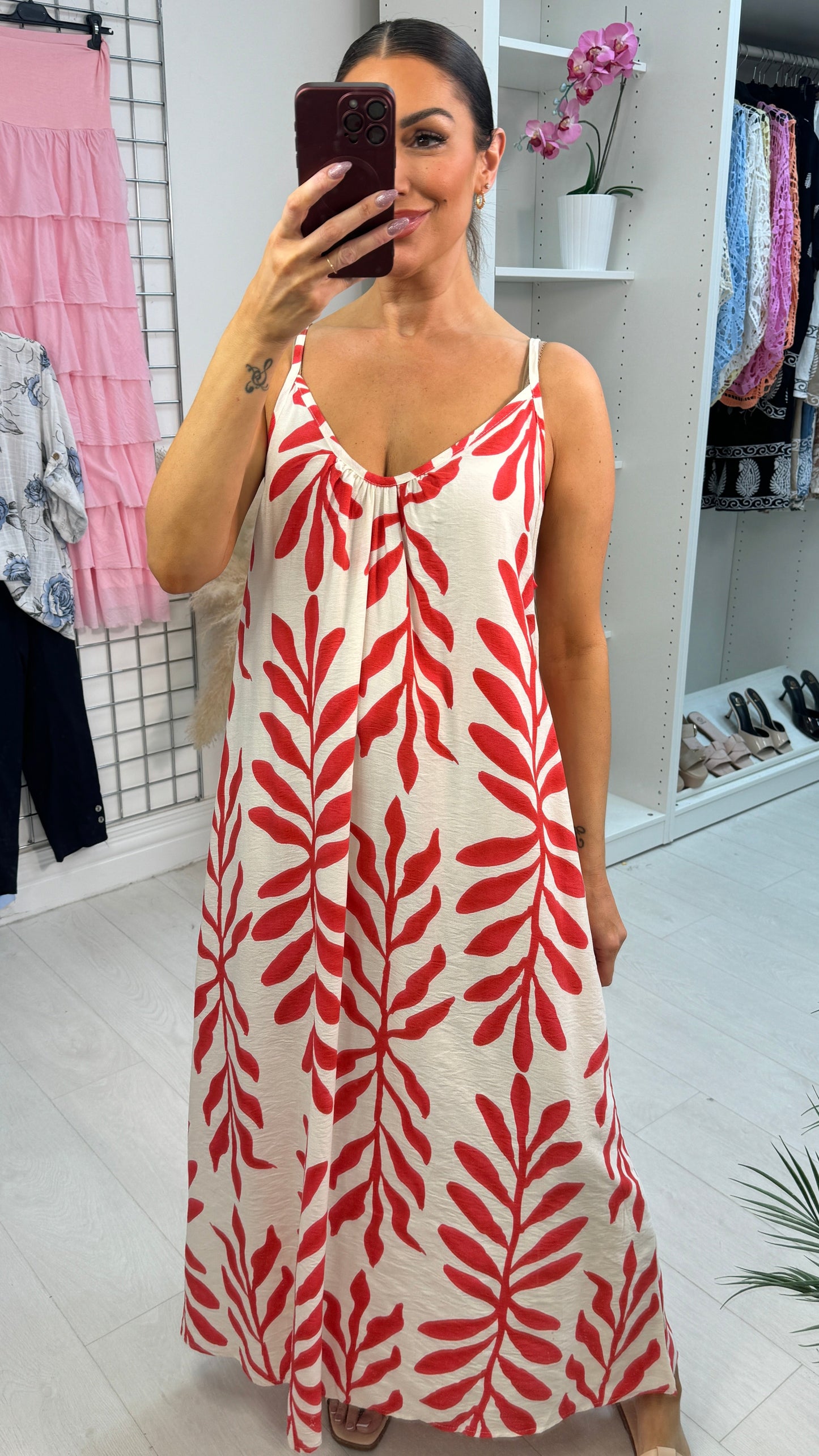 Emmeline Leaf Print Loose Fit Strappy Dress OMFORT