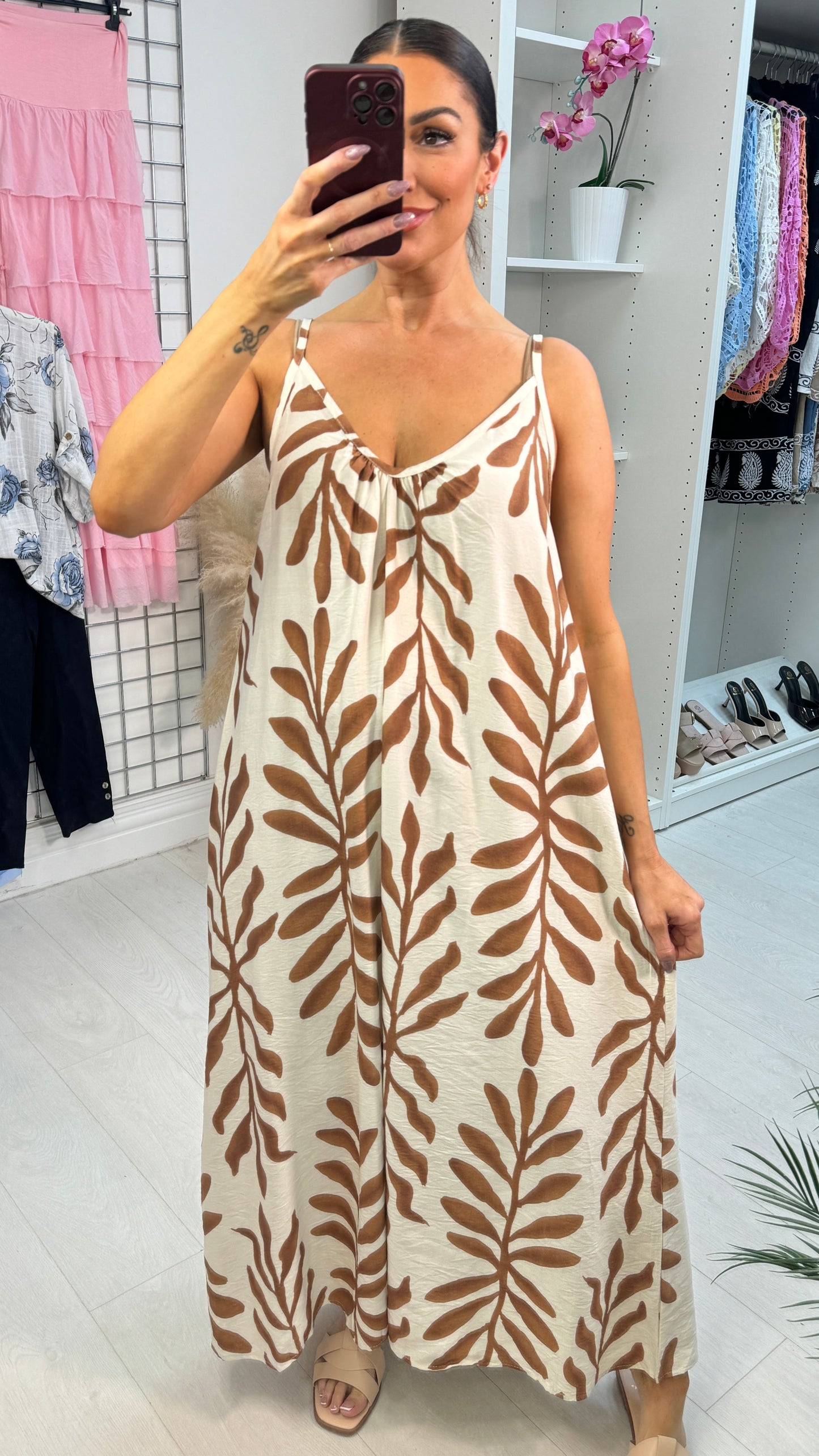 Emmeline Leaf Print Loose Fit Strappy Dress OMFORT