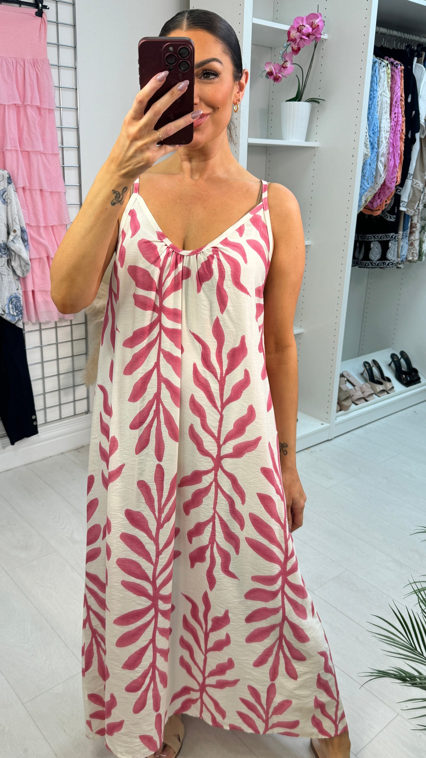 Emmeline Leaf Print Loose Fit Strappy Dress OMFORT