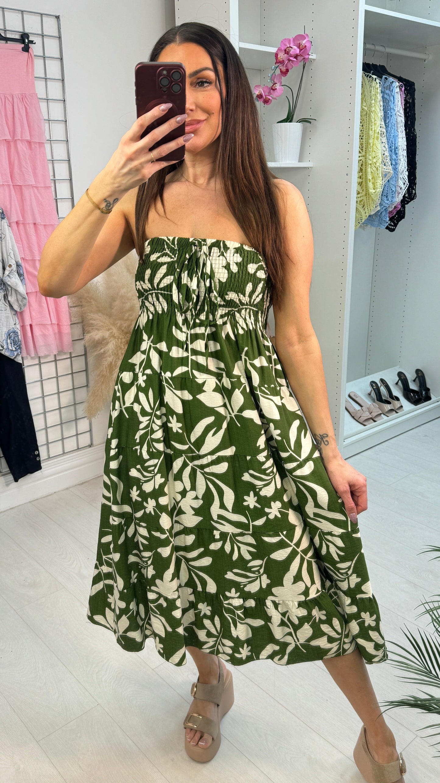 Claudette Leaf Print Elasticated Bust Loose Fit Dress OMFORT