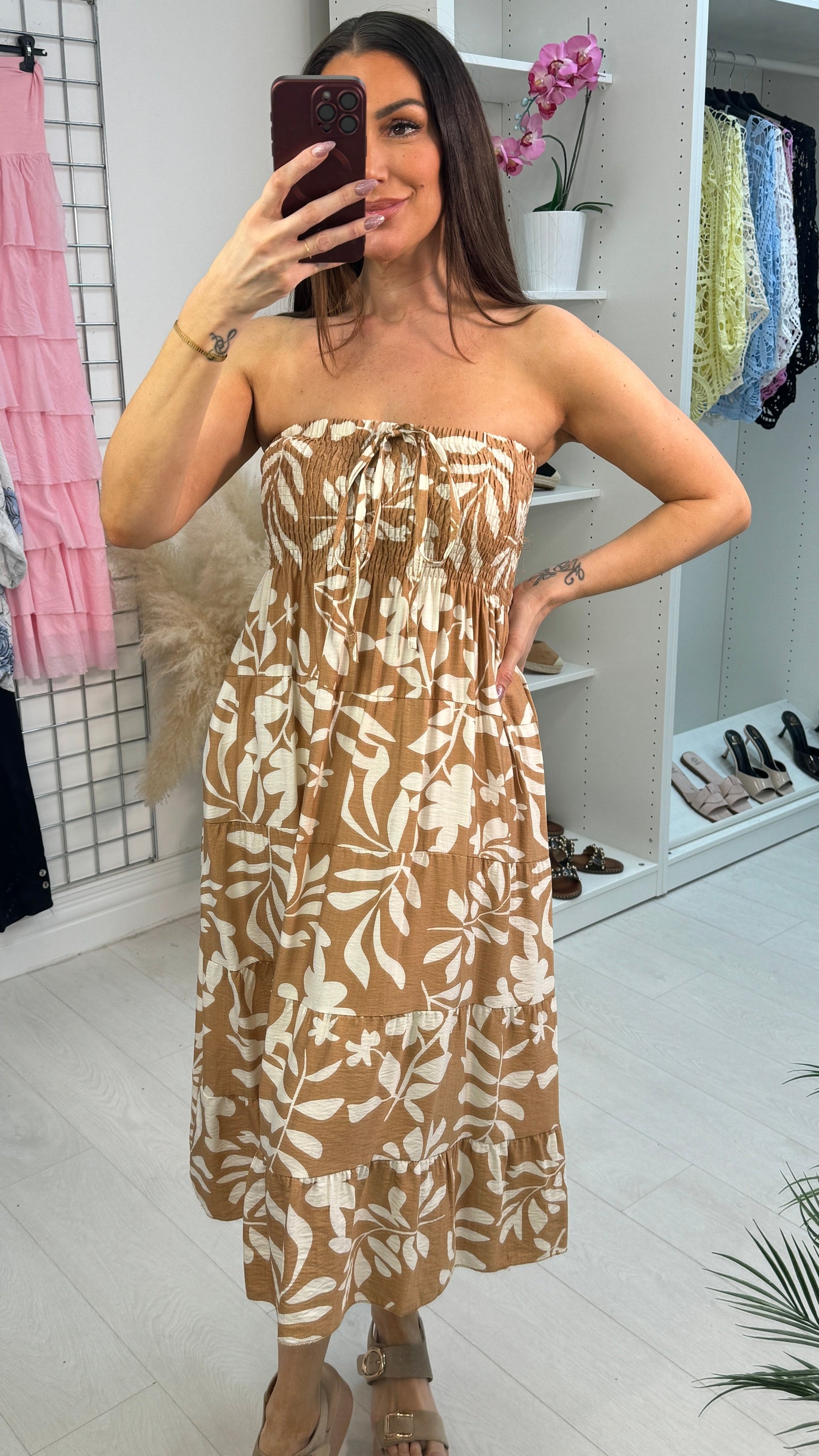 Claudette Leaf Print Elasticated Bust Loose Fit Dress OMFORT