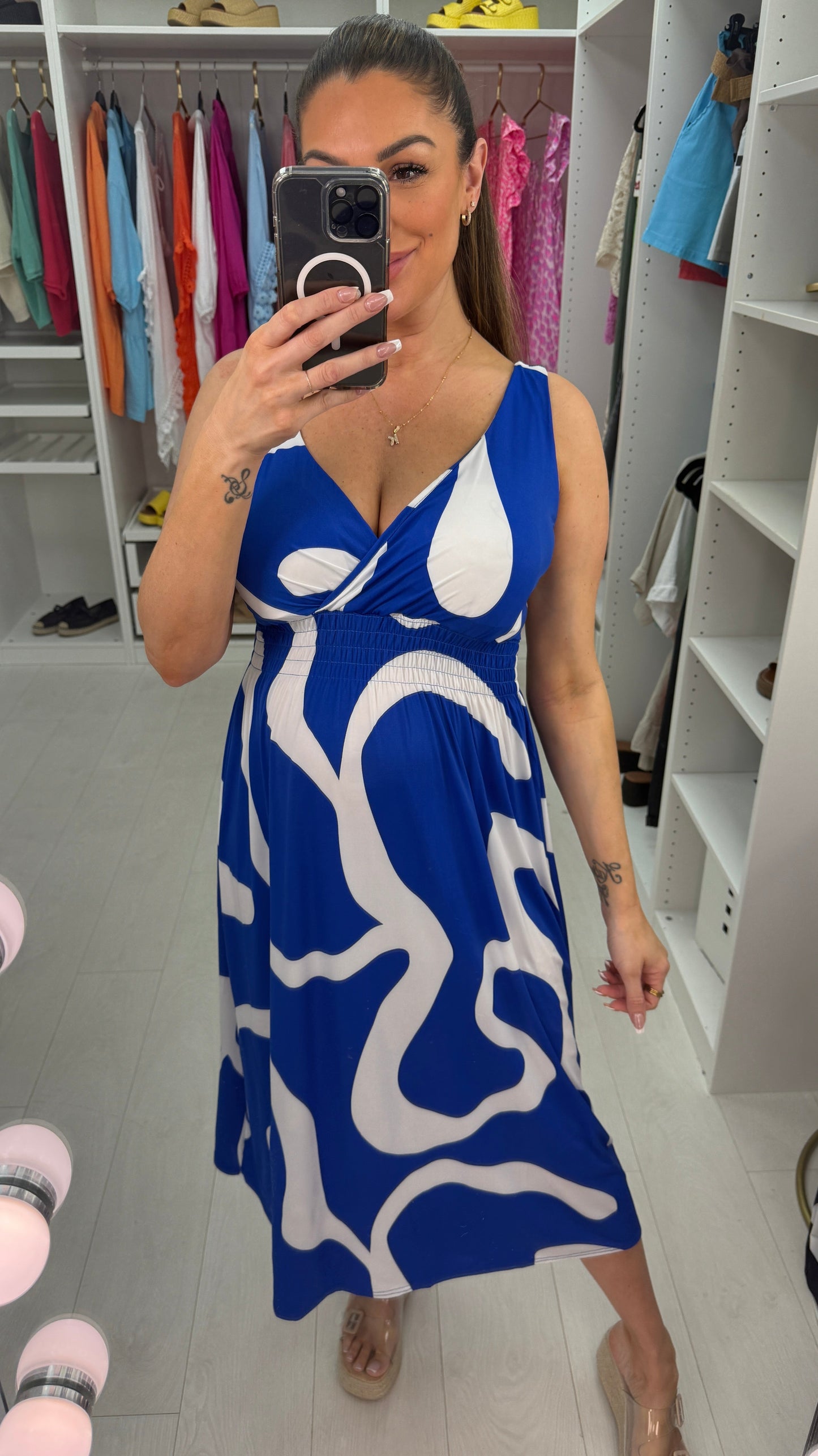 Zena Abstract Print Deep V Neck Magic Dress OMFORT