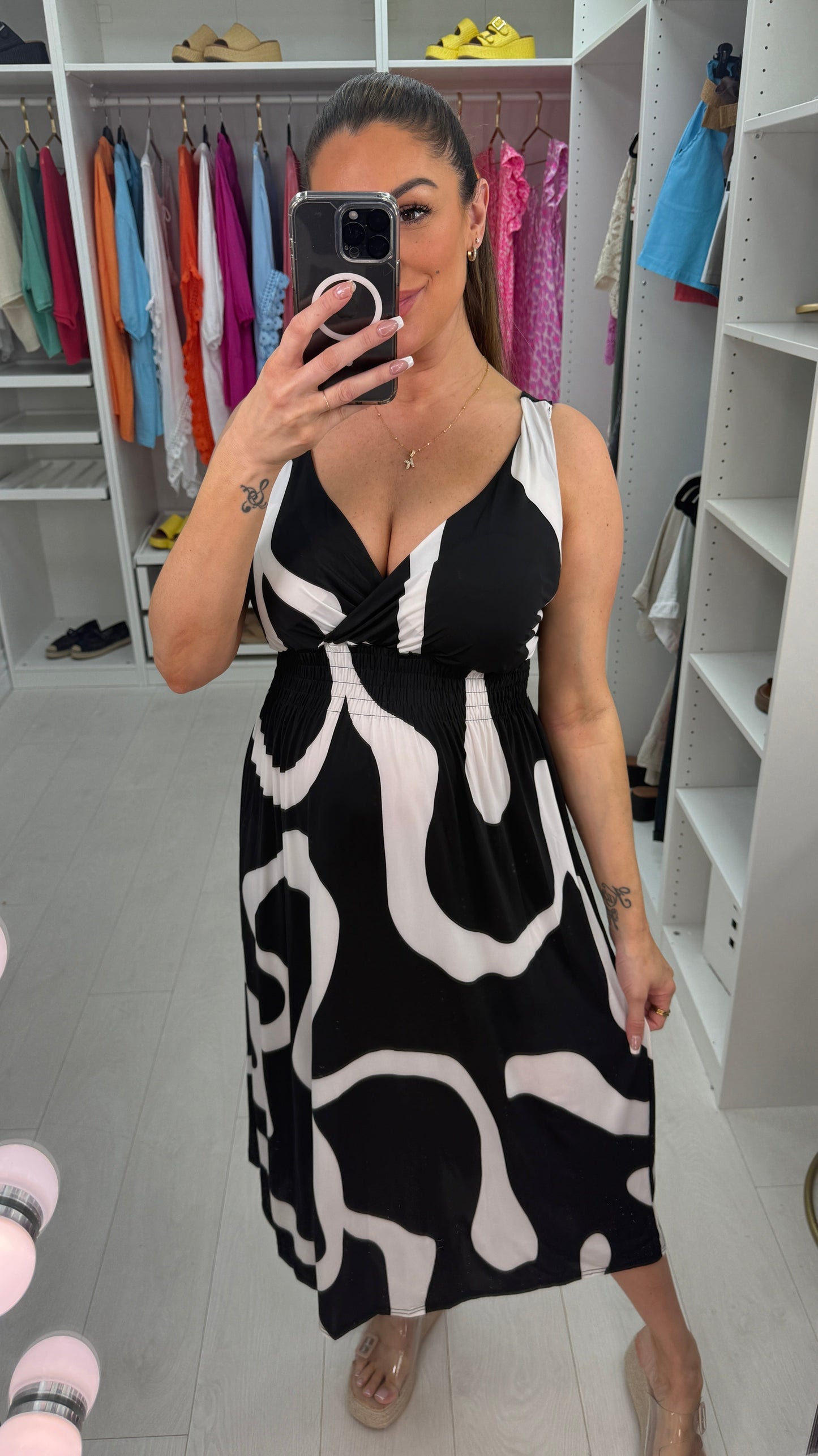 Zena Abstract Print Deep V Neck Magic Dress OMFORT