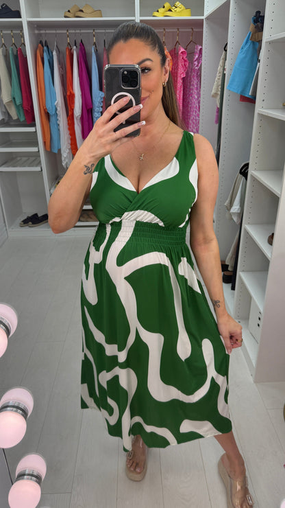 Zena Abstract Print Deep V Neck Magic Dress OMFORT