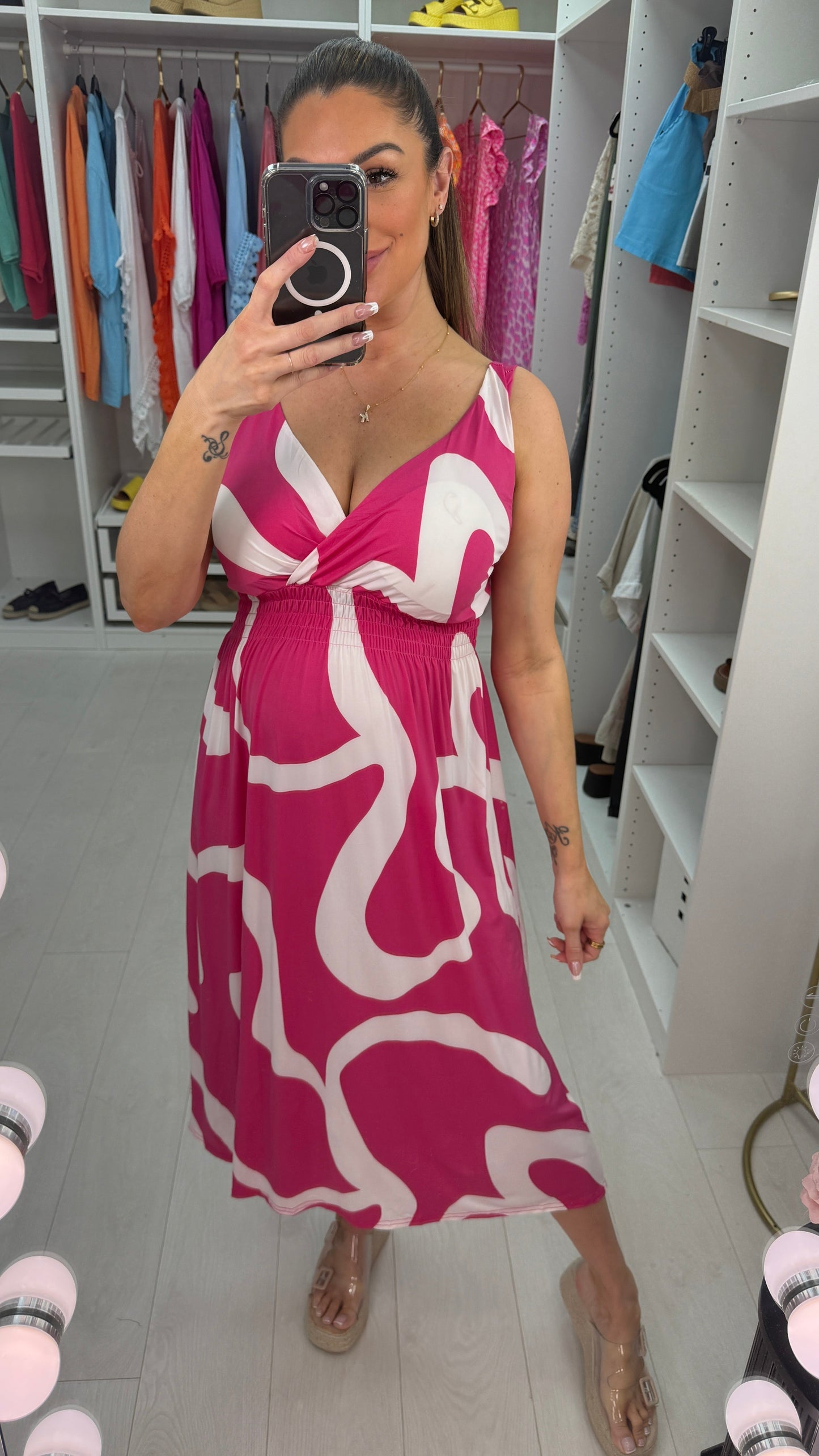 Zena Abstract Print Deep V Neck Magic Dress OMFORT