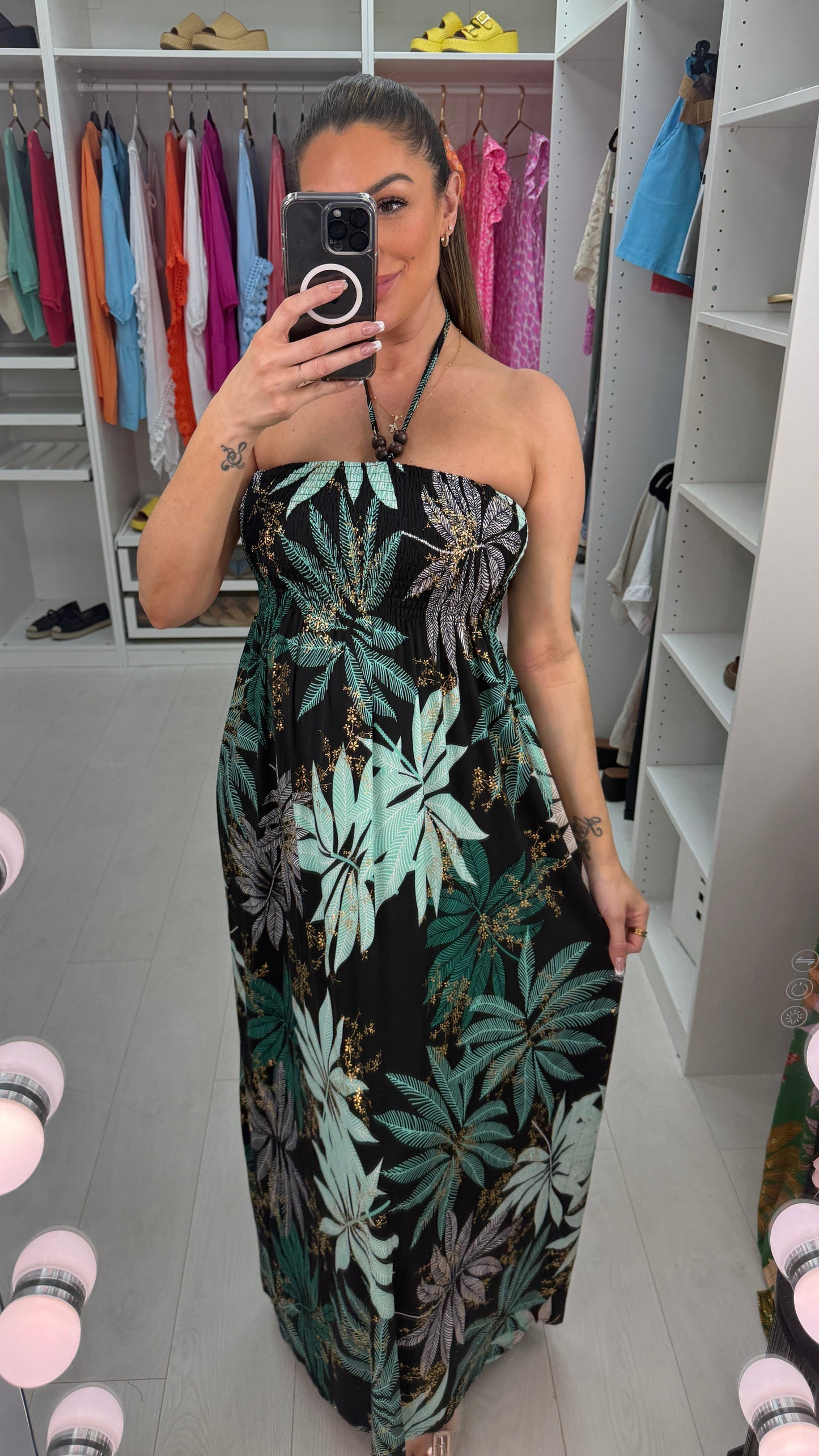 Gaynor Leaf Print Elasticated Bust Magic Maxi Dress OMFORT