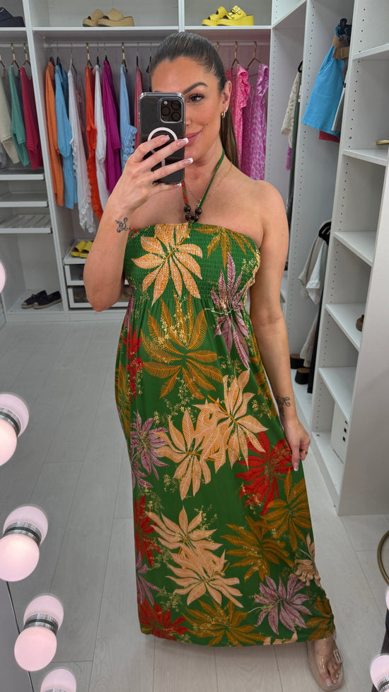 Gaynor Leaf Print Elasticated Bust Magic Maxi Dress OMFORT