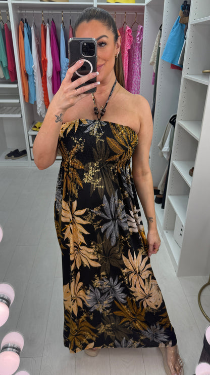 Gaynor Leaf Print Elasticated Bust Magic Maxi Dress OMFORT