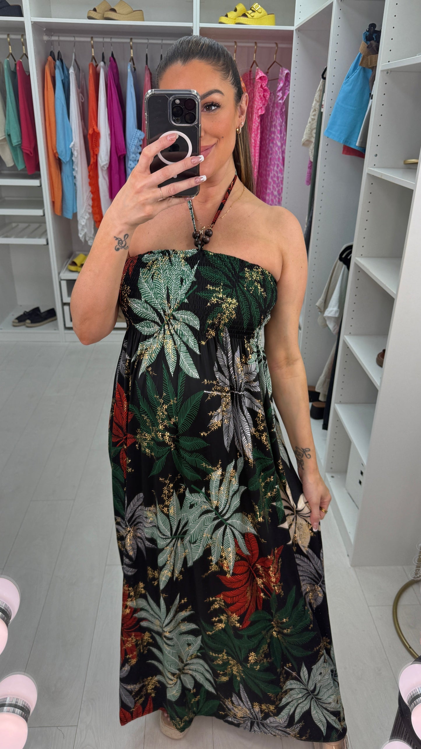 Gaynor Leaf Print Elasticated Bust Magic Maxi Dress OMFORT