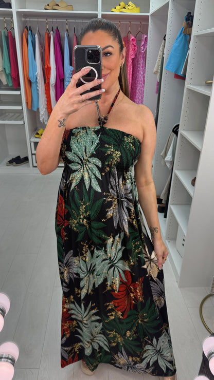 Gaynor Leaf Print Elasticated Bust Magic Maxi Dress OMFORT