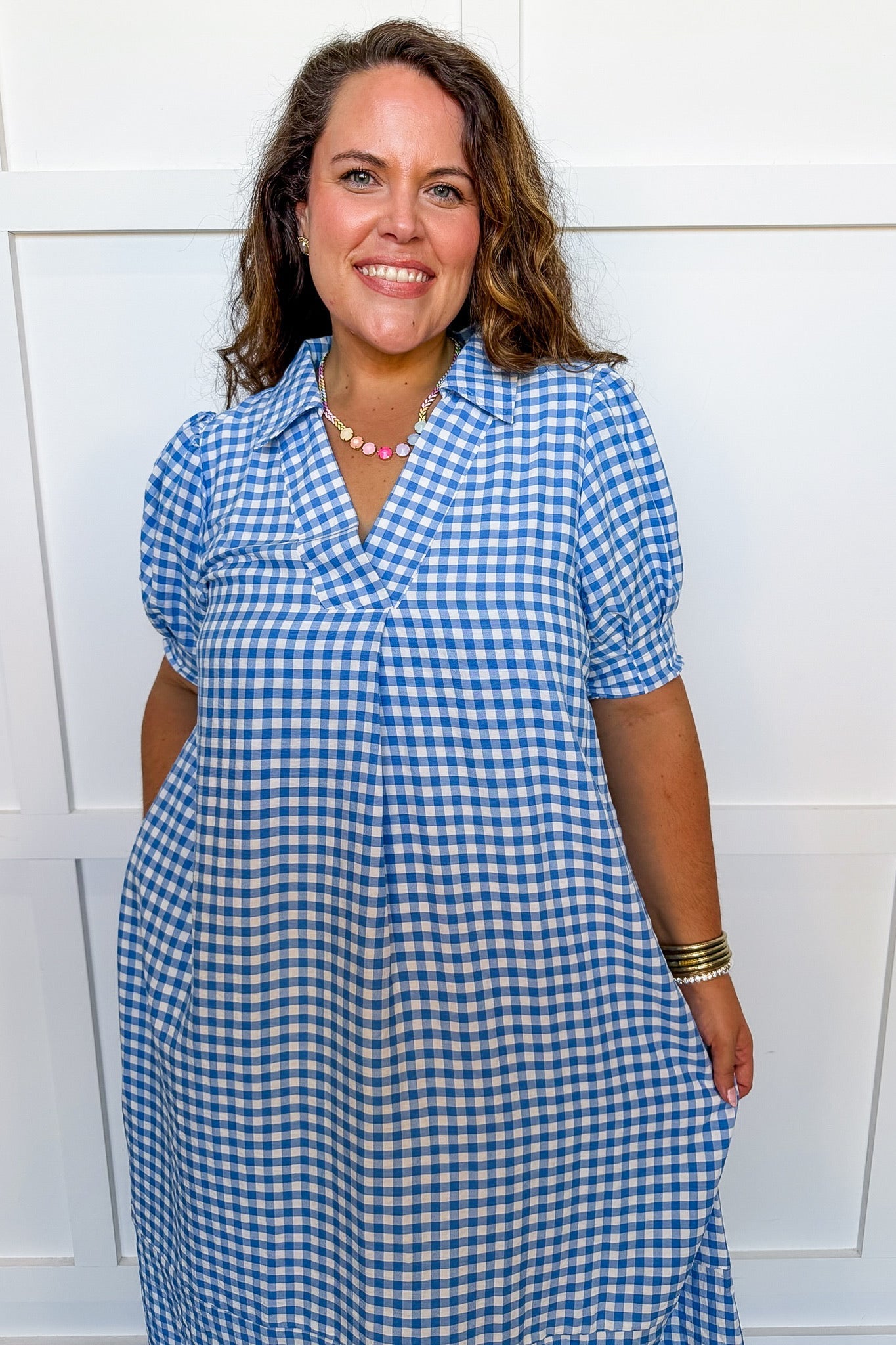Picnic Perfect Gingham Midi Dress in Blue OMFORT
