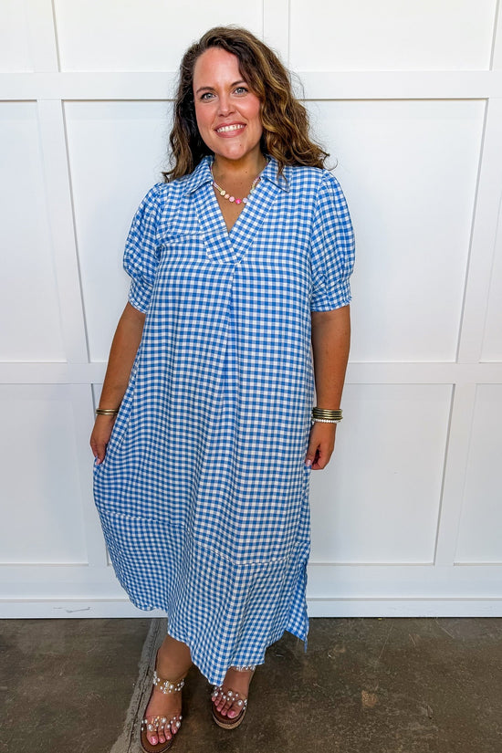 Picnic Perfect Gingham Midi Dress in Blue OMFORT