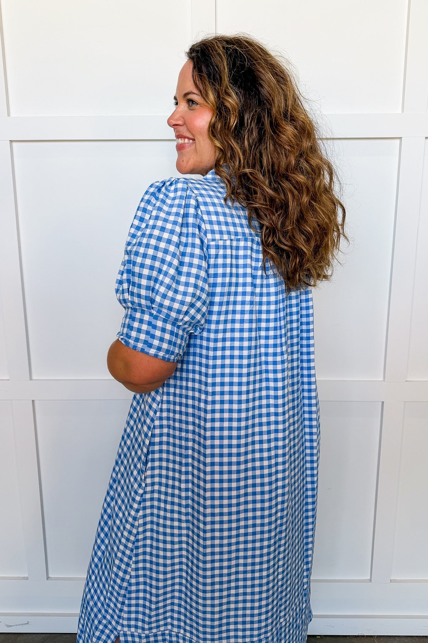 Picnic Perfect Gingham Midi Dress in Blue OMFORT