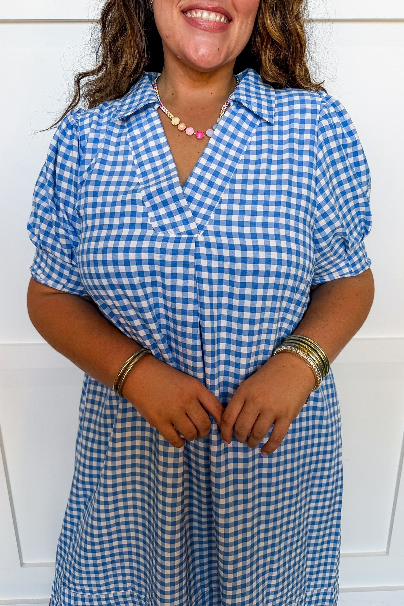 Picnic Perfect Gingham Midi Dress in Blue OMFORT