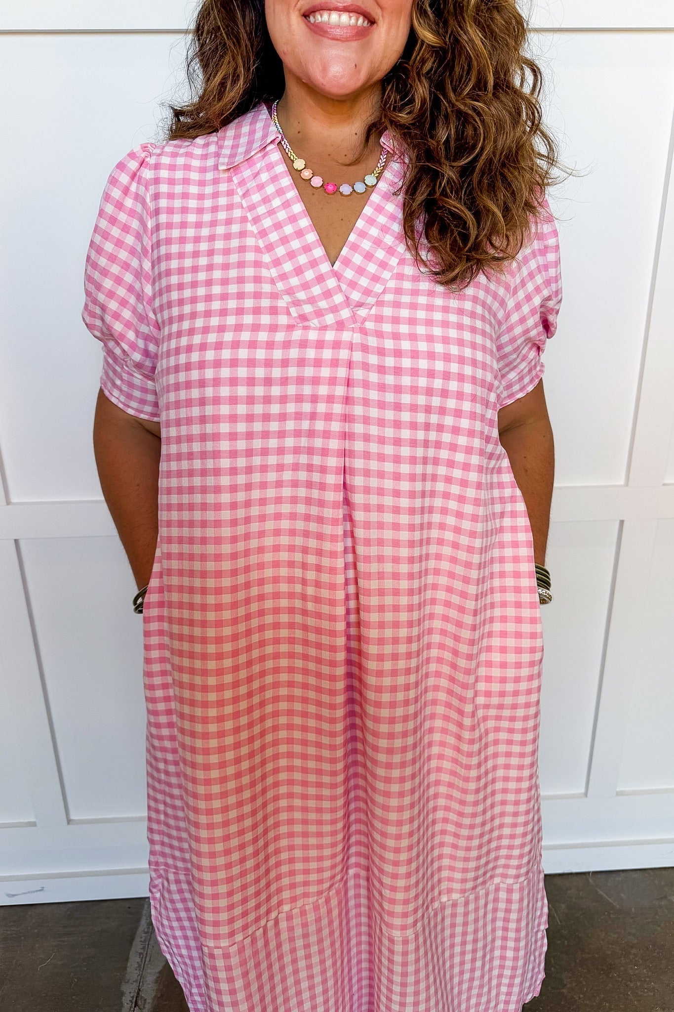 Picnic Perfect Gingham Midi Dress in Pink OMFORT