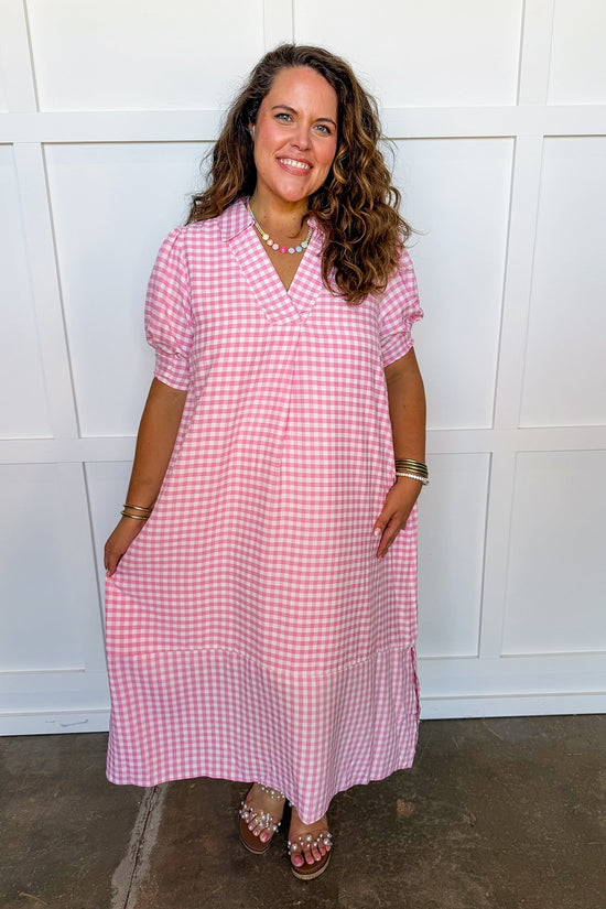 Picnic Perfect Gingham Midi Dress in Pink OMFORT