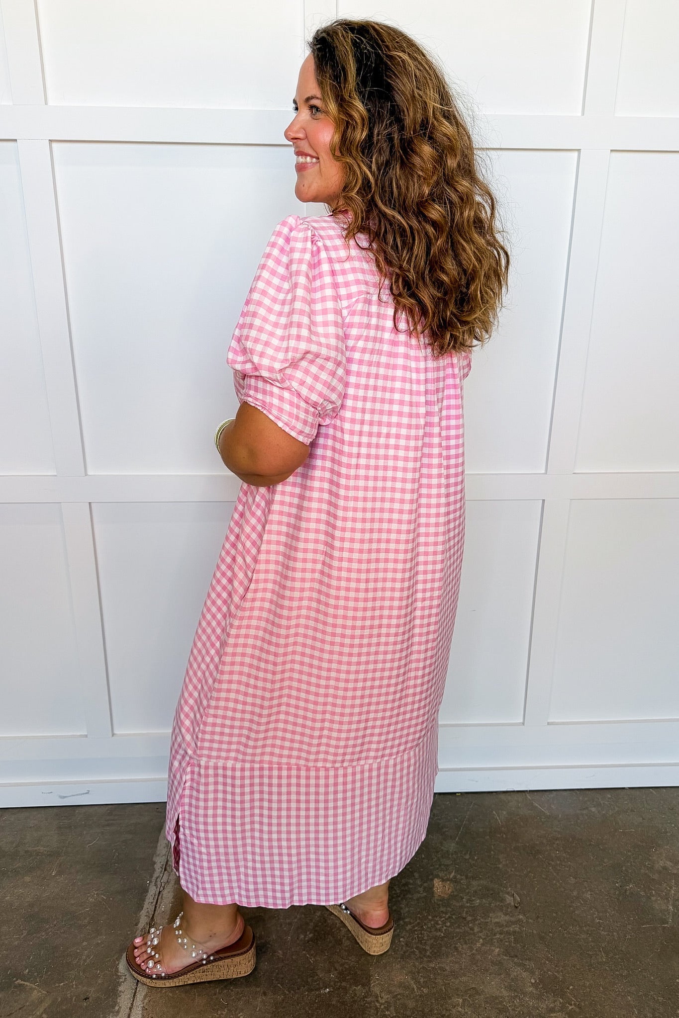 Picnic Perfect Gingham Midi Dress in Pink OMFORT