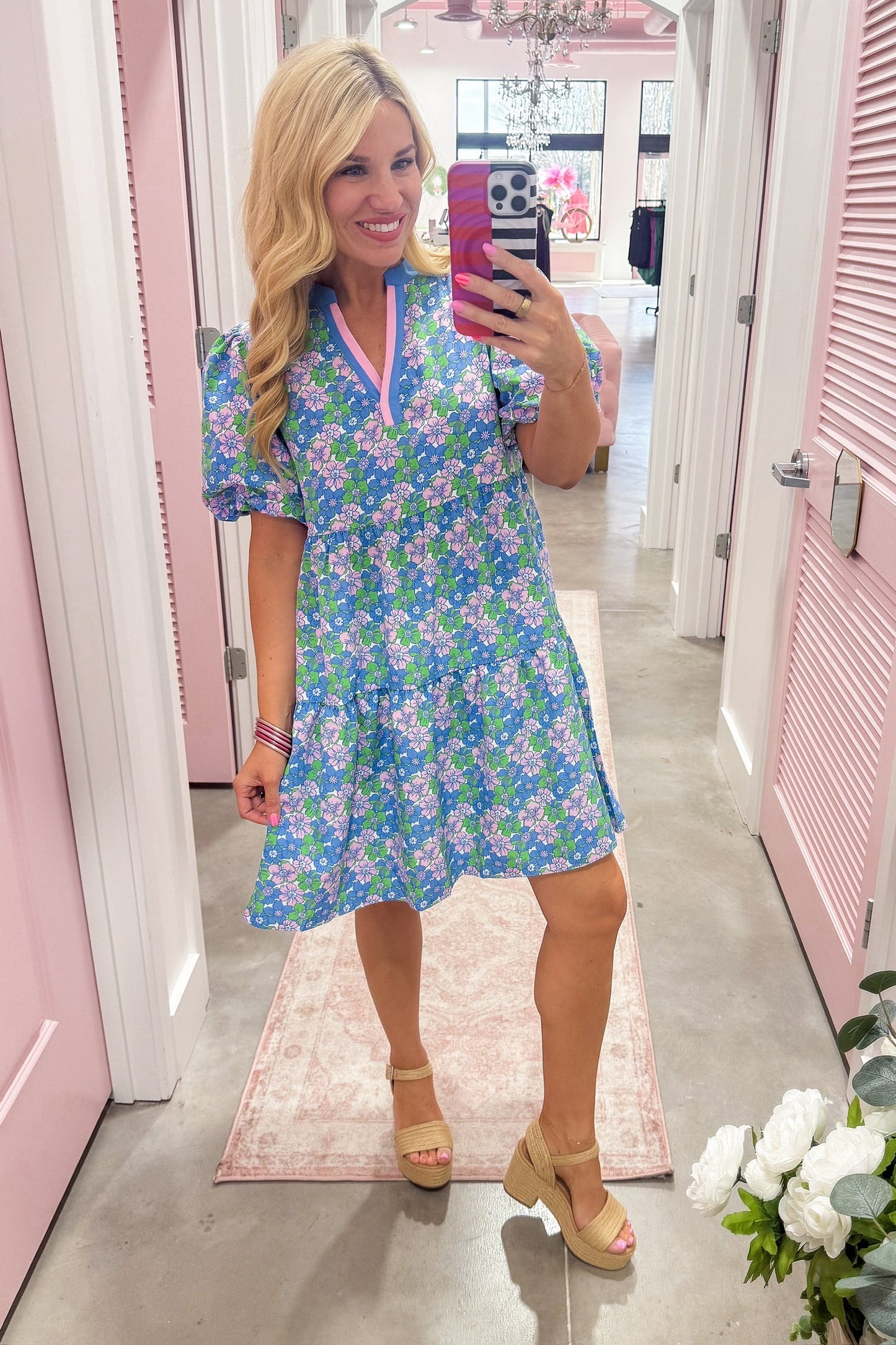 The Kinsley Mini Dress in Vintage Posies Blue by Mary Square OMFORT