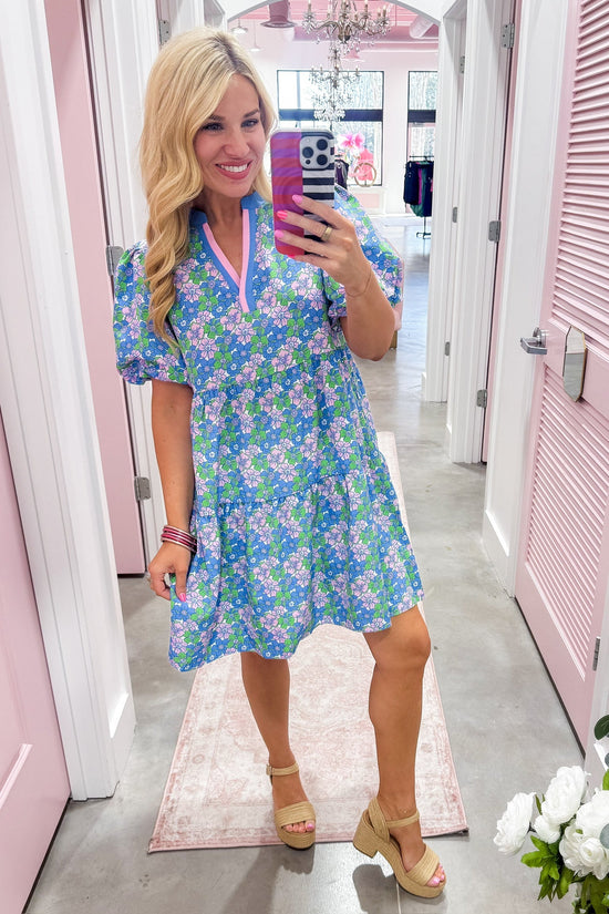 The Kinsley Mini Dress in Vintage Posies Blue by Mary Square OMFORT