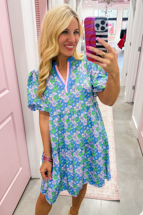 The Kinsley Mini Dress in Vintage Posies Blue by Mary Square OMFORT