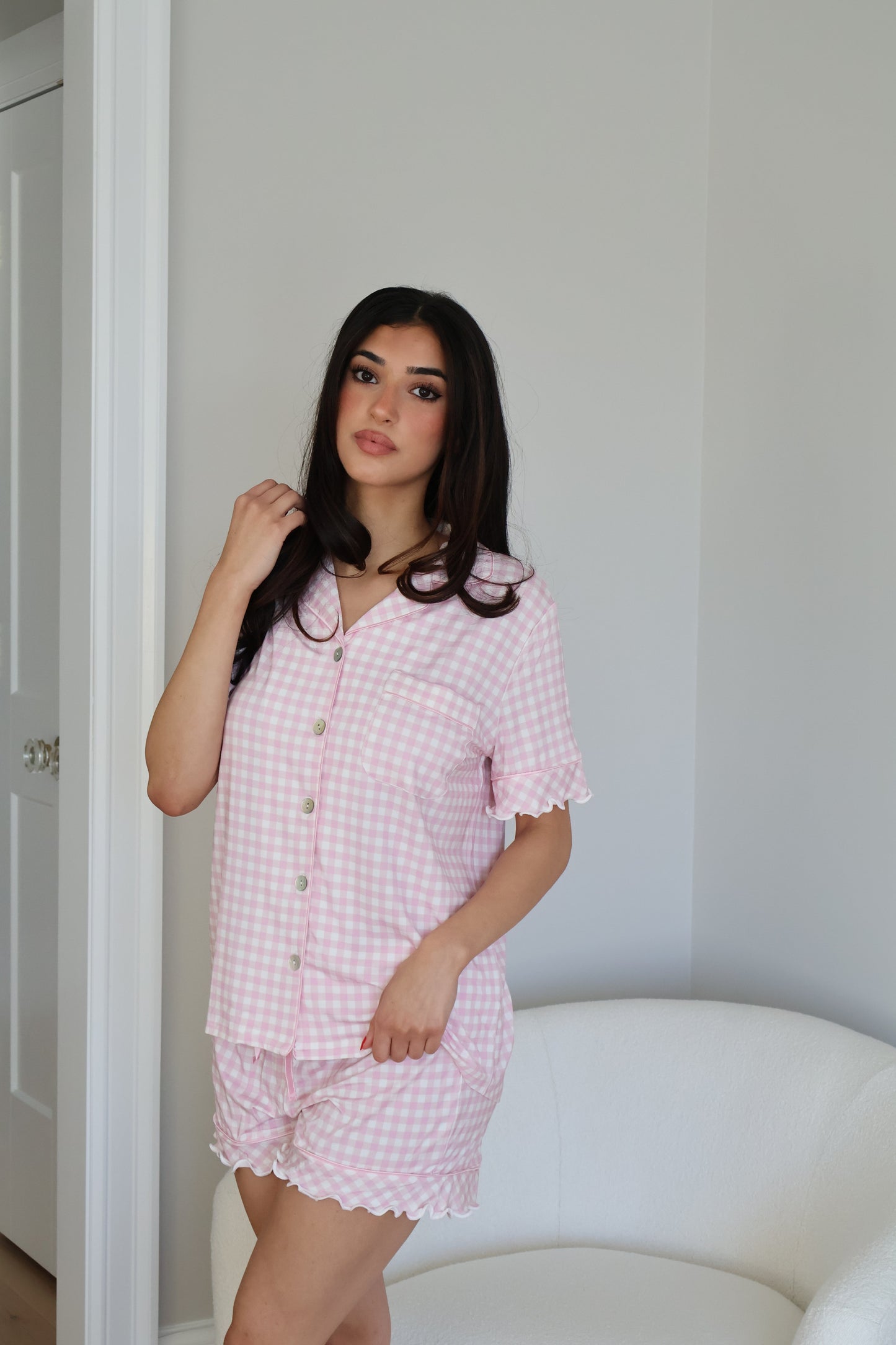 Ruffle Bamboo Short Set in Pink Gingham OMFORT