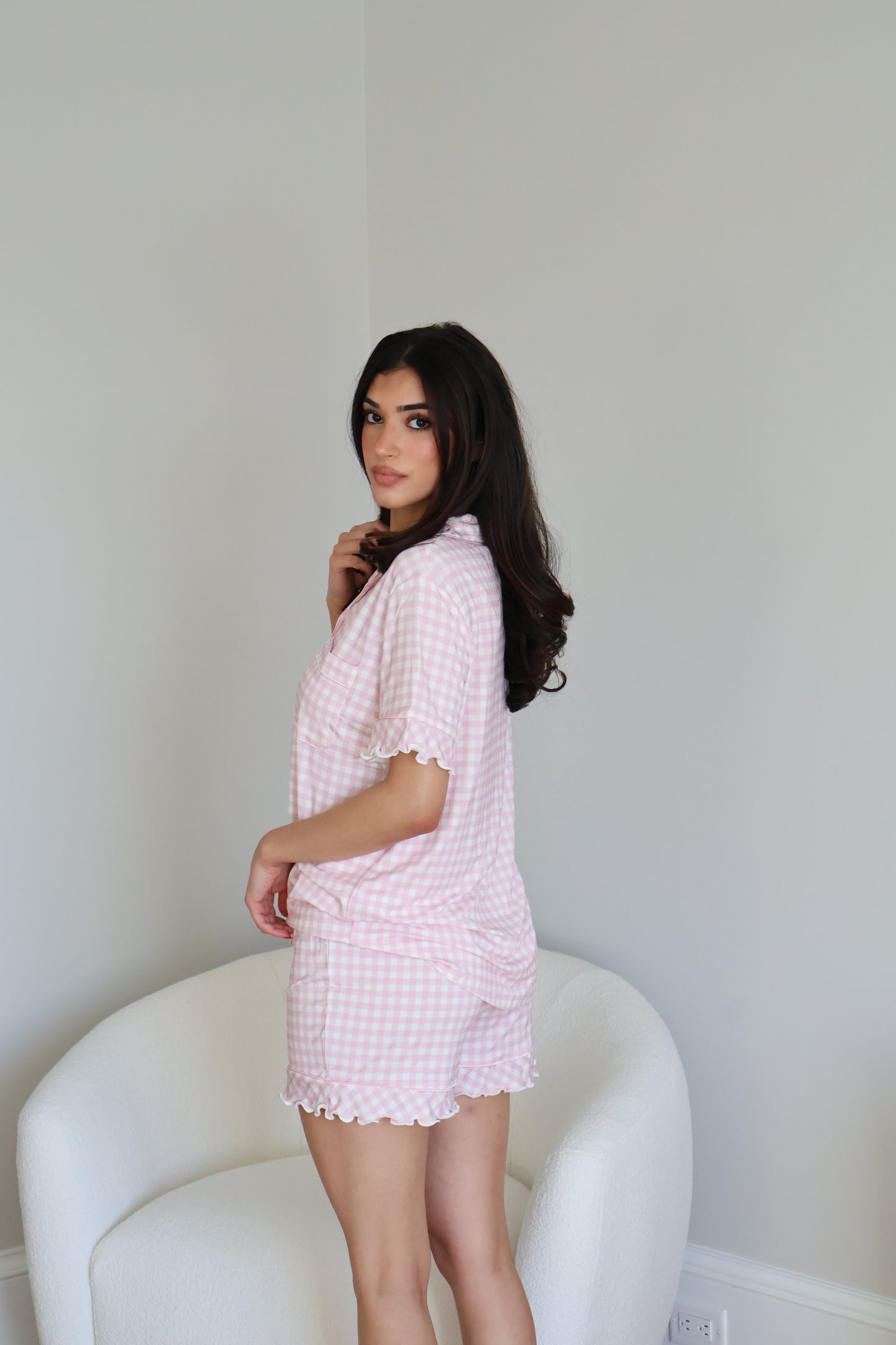 Ruffle Bamboo Short Set in Pink Gingham OMFORT