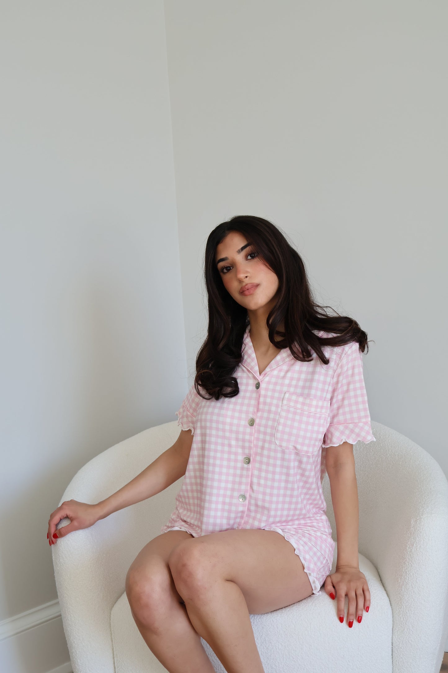 Ruffle Bamboo Short Set in Pink Gingham OMFORT