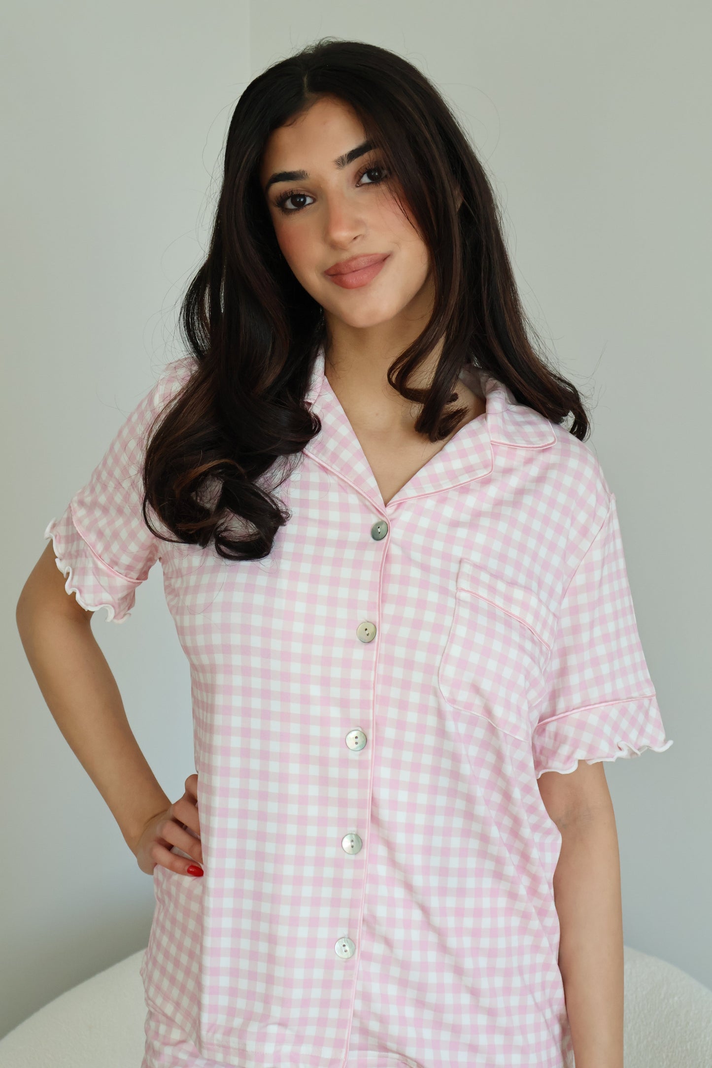 Ruffle Bamboo Short Set in Pink Gingham OMFORT