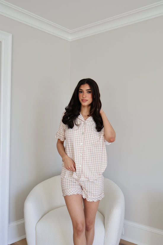Ruffle Bamboo Short Set in Tan Gingham OMFORT