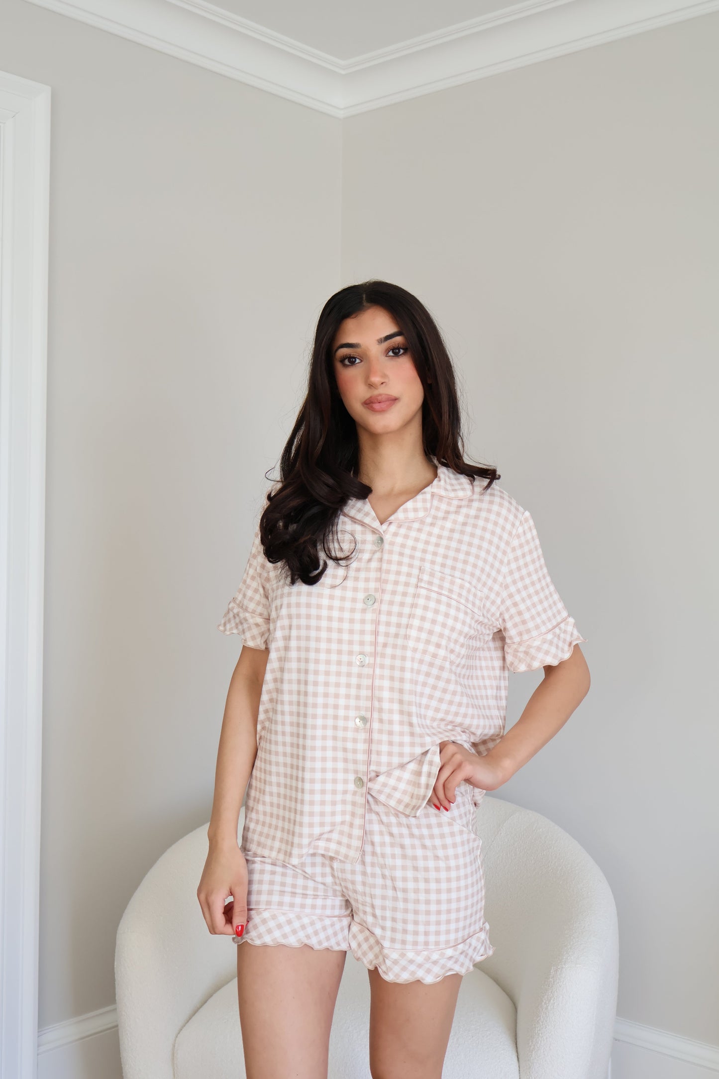 Ruffle Bamboo Short Set in Tan Gingham OMFORT