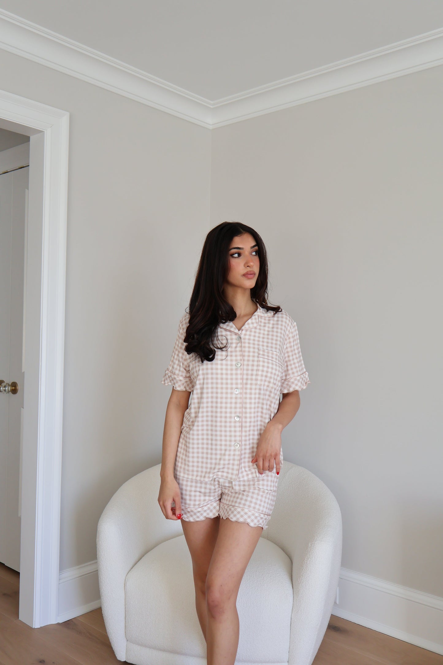 Ruffle Bamboo Short Set in Tan Gingham OMFORT
