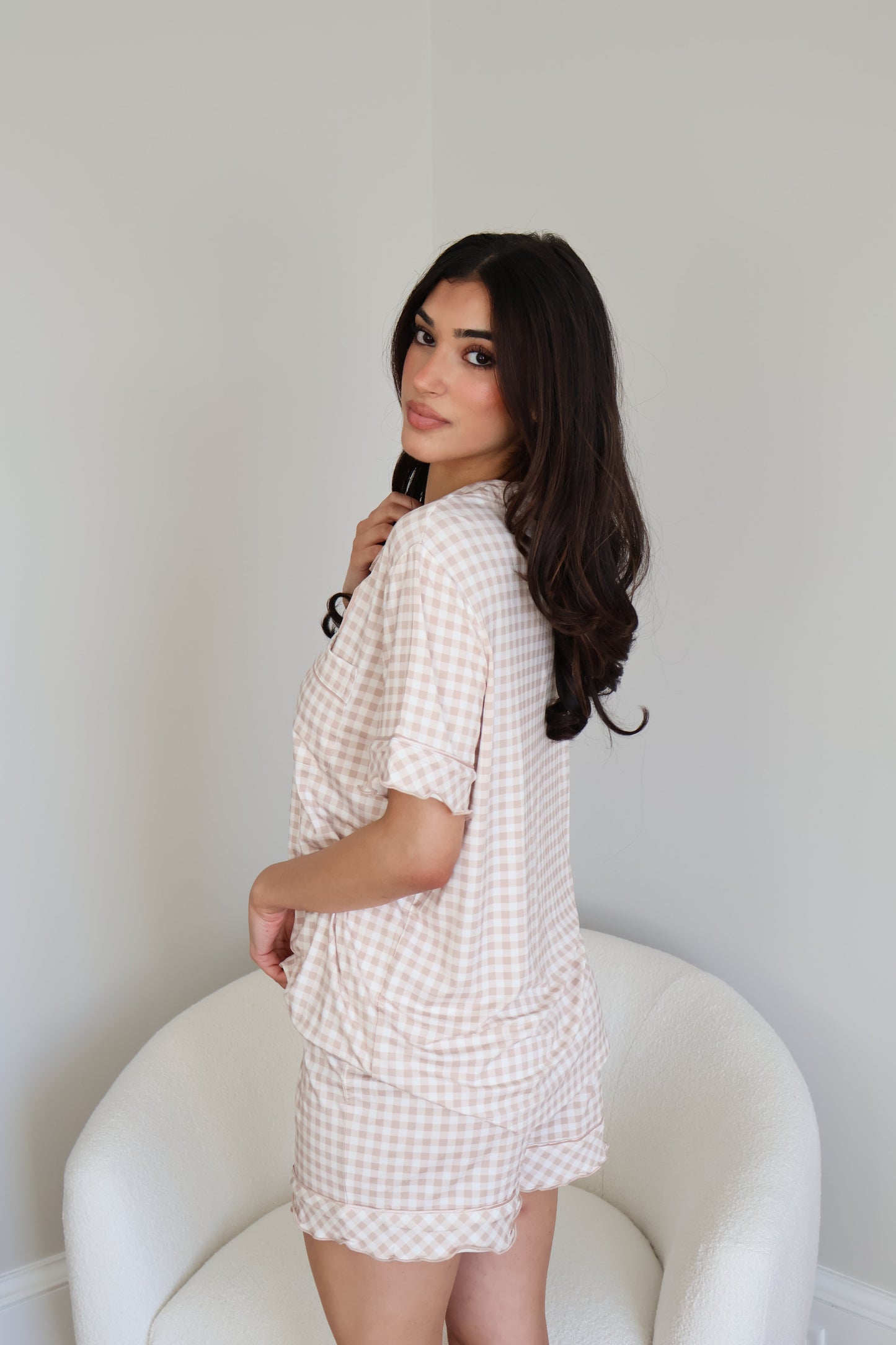 Ruffle Bamboo Short Set in Tan Gingham OMFORT