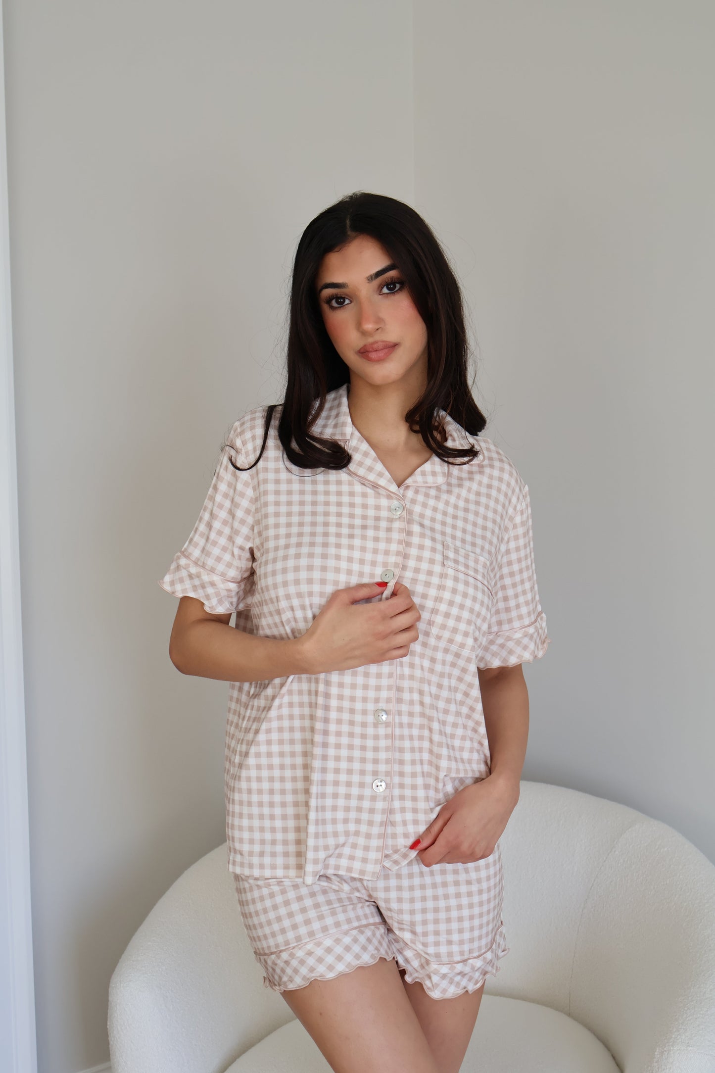 Ruffle Bamboo Short Set in Tan Gingham OMFORT