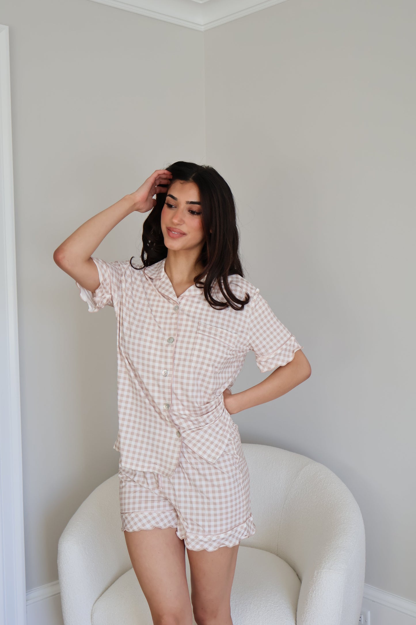 Ruffle Bamboo Short Set in Tan Gingham OMFORT