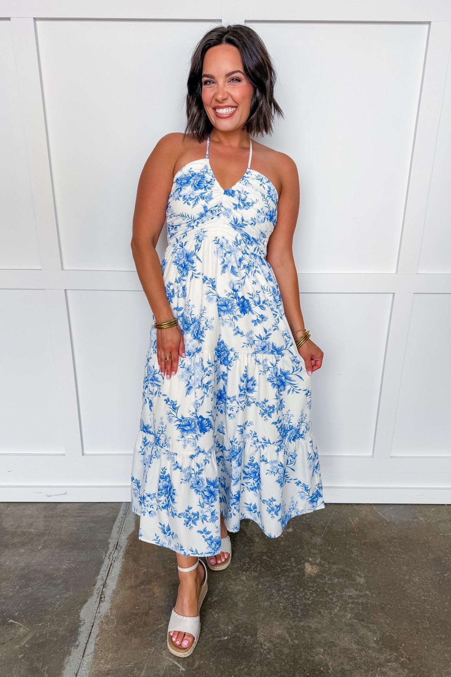 Summer in Bloom Halter Midi Dress in Blue Floral OMFORT