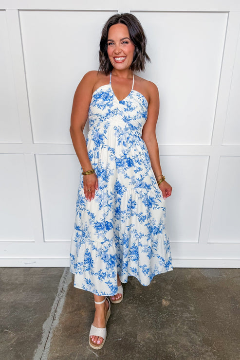 Summer in Bloom Halter Midi Dress in Blue Floral OMFORT