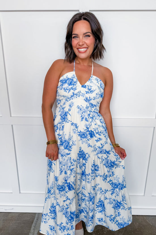 Summer in Bloom Halter Midi Dress in Blue Floral OMFORT